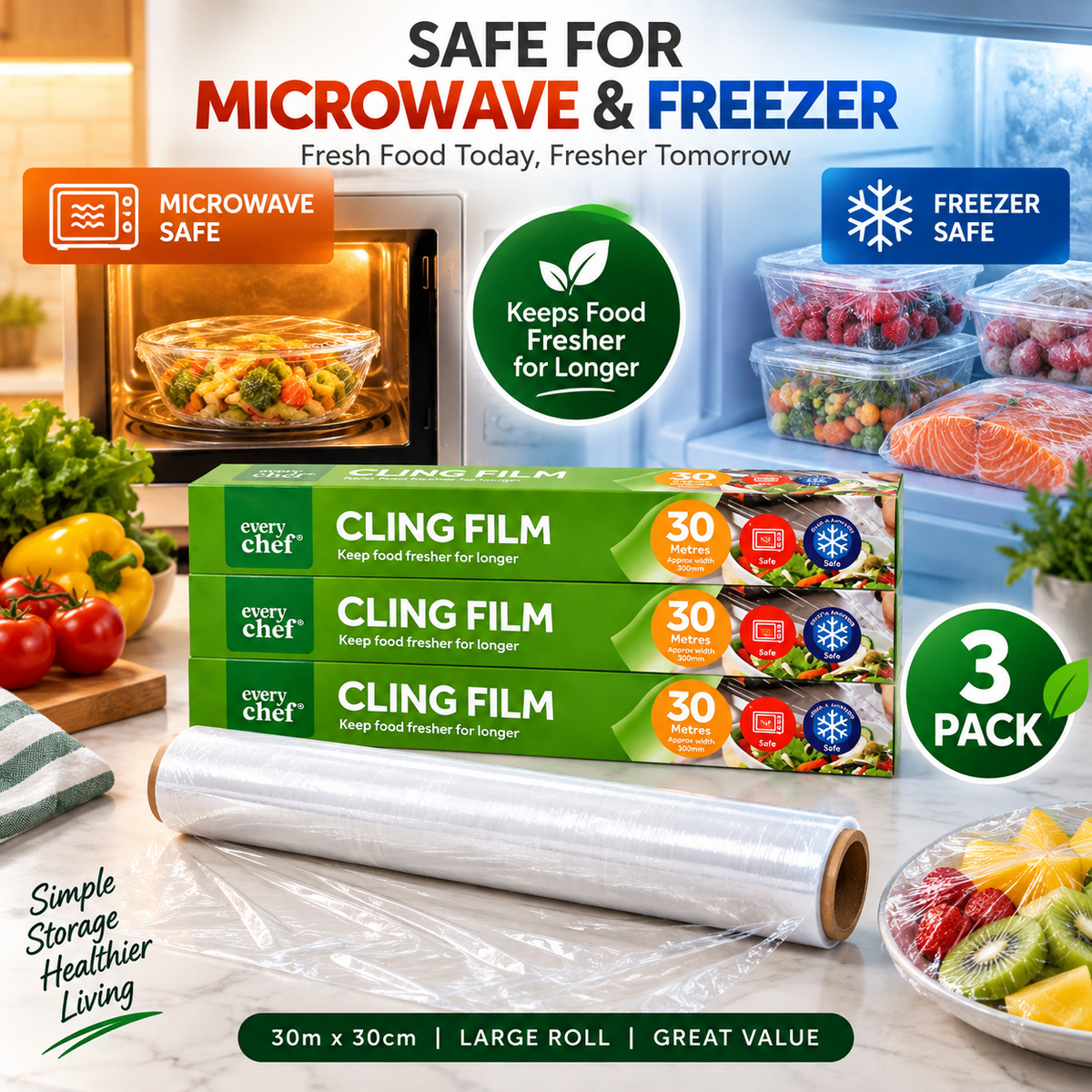 3PCS Cling Film 30m x 30cm Food Wrap Roll Kitchen Microwave Freezer Safe Clear