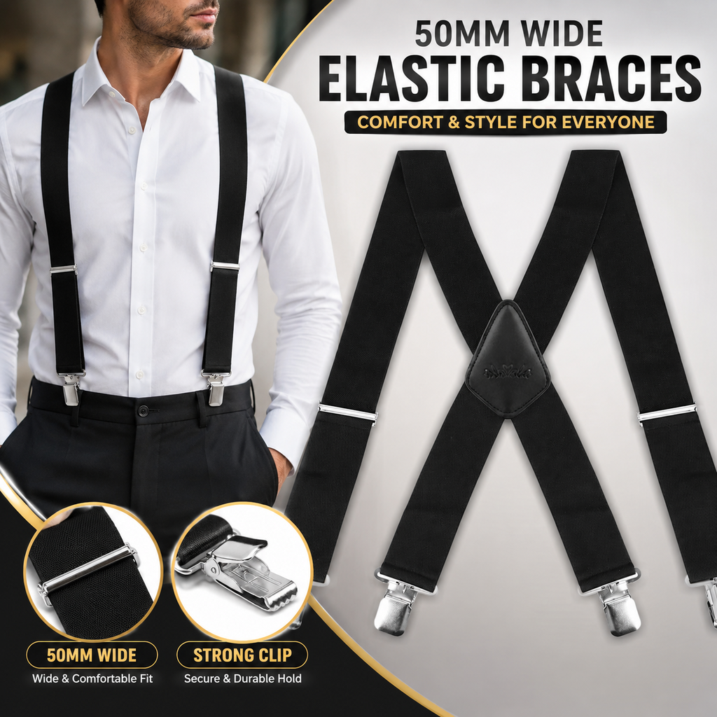 50mm Wide Black Trouser Braces Mens Womens Adjustable Elastic X Back Suspenders