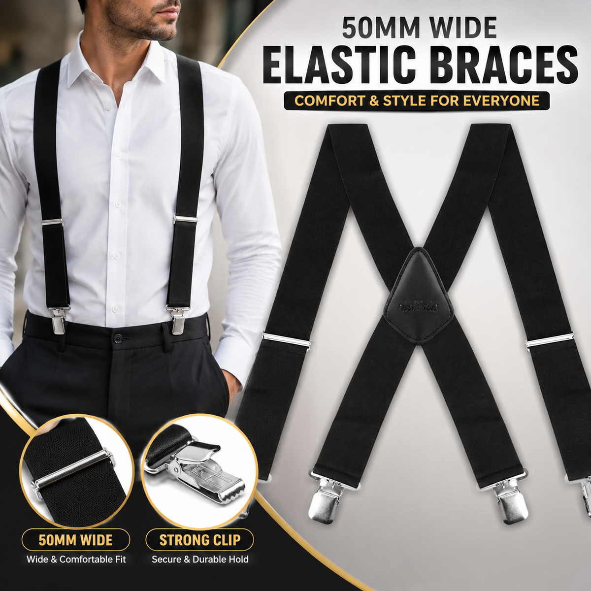 50mm Wide Black Trouser Braces Mens Womens Adjustable Elastic X Back Suspenders
