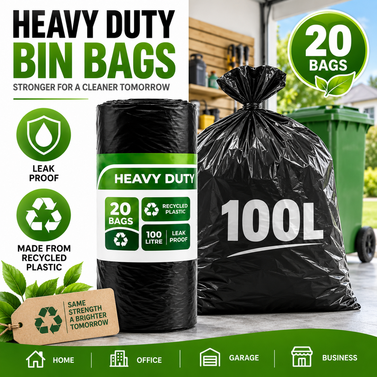 20PCS 100L Heavy Duty Bin Bags Black Refuse Sacks Leak Proof Recycled Plastic