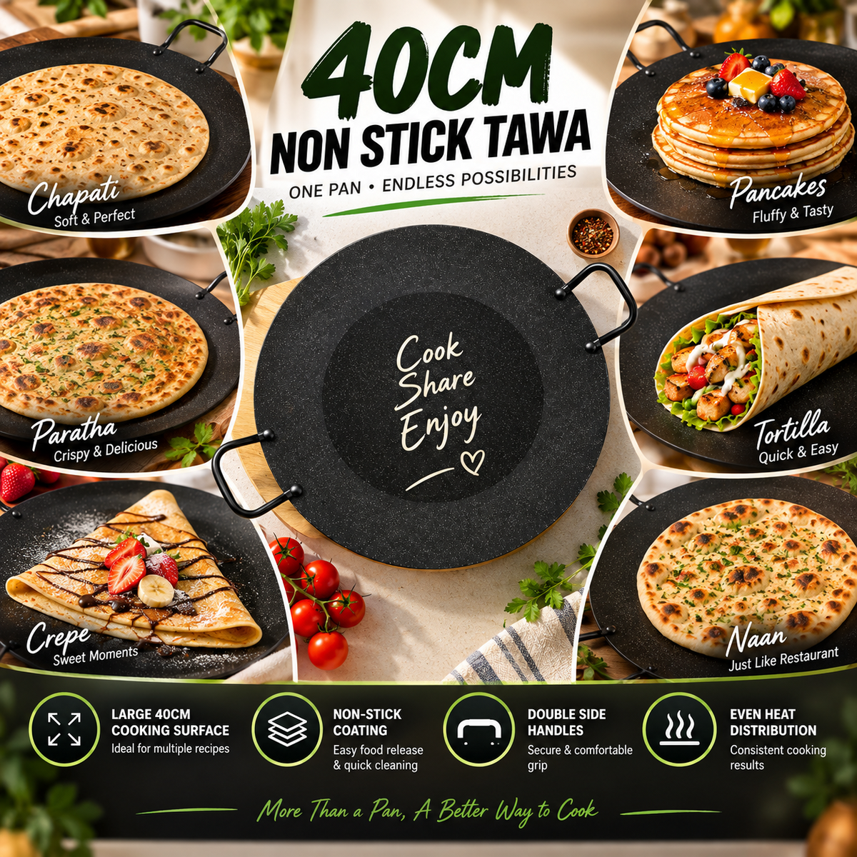 40CM Non Stick Tawa Griddle Pan Double Handle Roti Chapati Pancake Cooking Plate