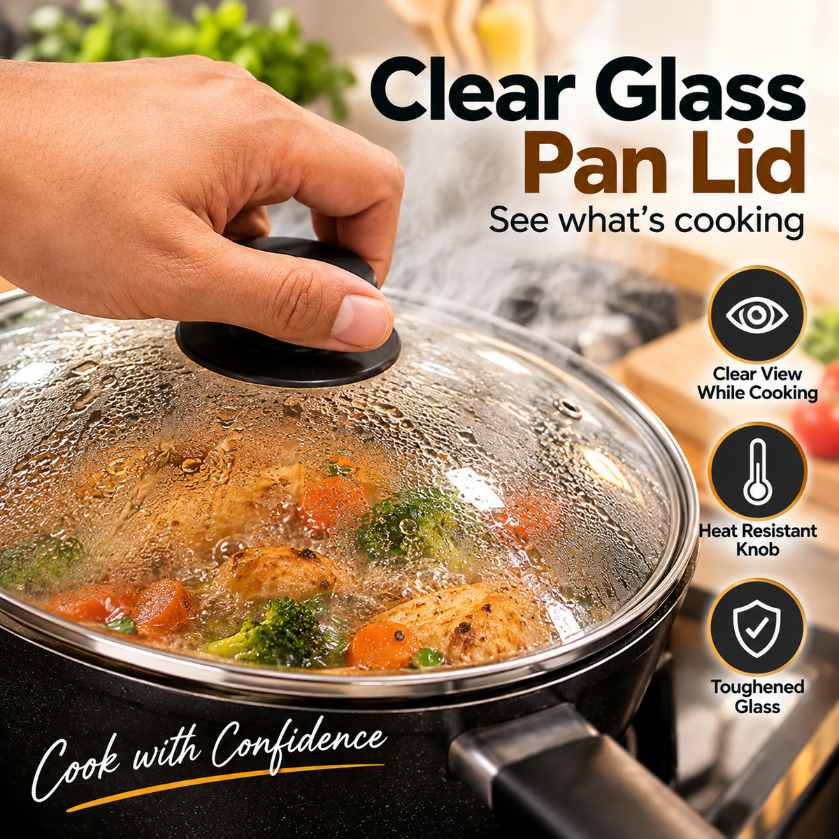 Glass Pan Lid Replacement Tempered Glass Saucepan Frying Pan Pot Cover with Knob