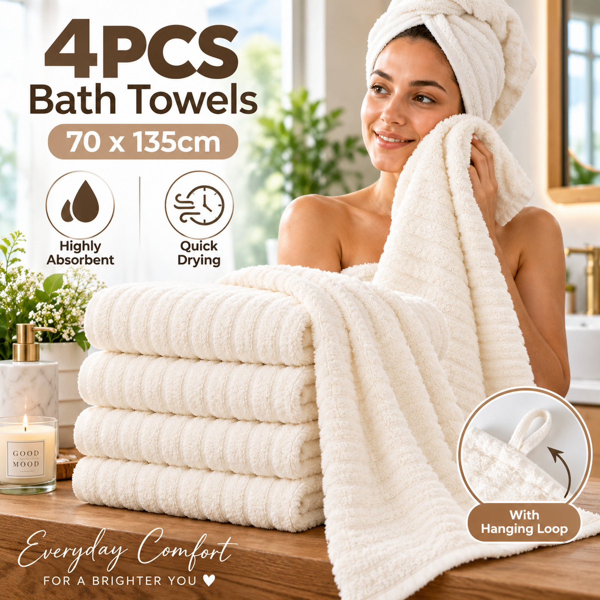 4PCS Bath Towels Soft Coral Fleece Absorbent Quick Dry White Towels