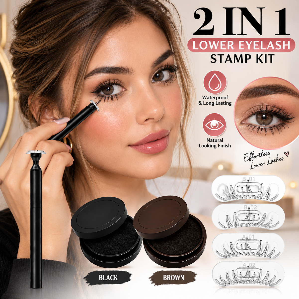 2 in 1 Lower Eyelash Stamp Kit Waterproof Bottom Lash Stamp Black Brown Makeup
