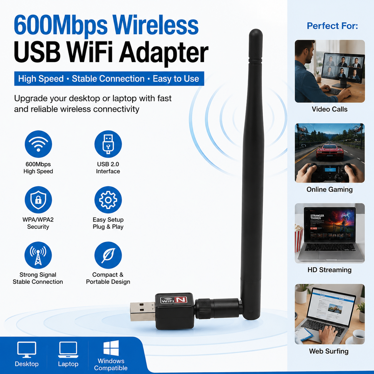 600Mbps USB WiFi Adapter Wireless Network Dongle for PC Laptop Windows UK