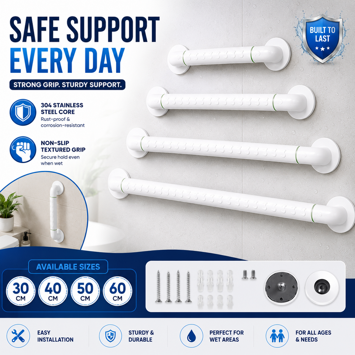 Bathroom Grab Rail Non Slip Shower Safety Handle Stainless Steel Elderly Disable
