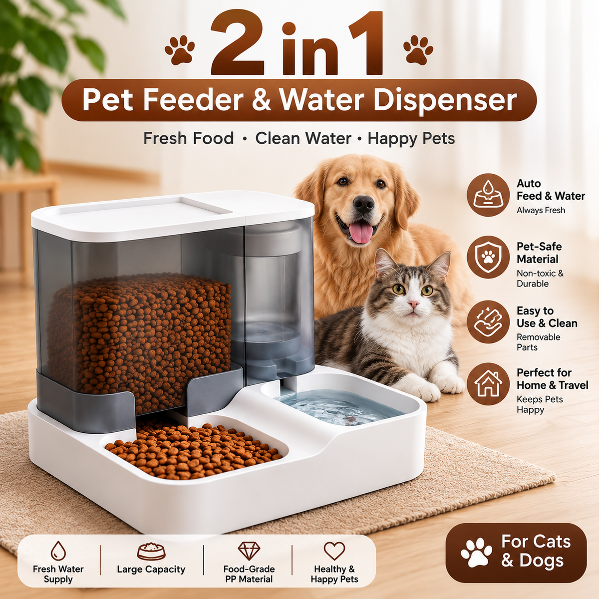 2 in 1 Automatic Pet Feeder & Water Dispenser Gravity Food Bowl for Cats Dogs