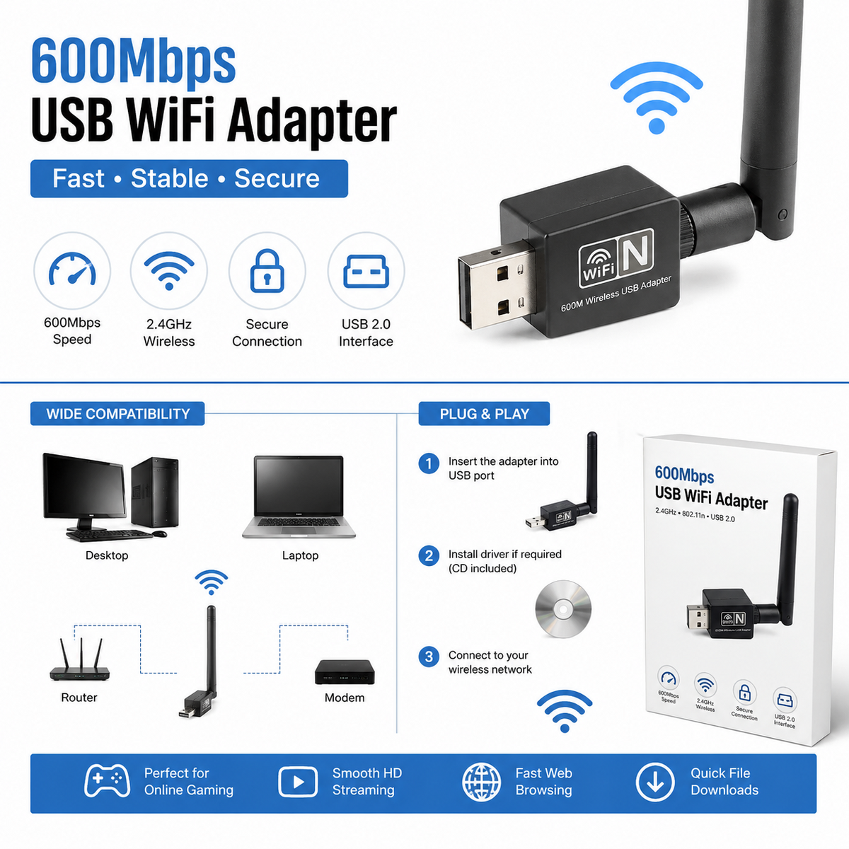600Mbps USB WiFi Adapter Wireless Network Dongle for PC Laptop Windows UK