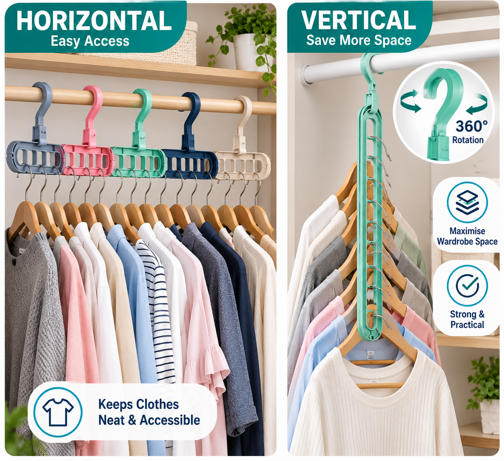 10PCS 9-Hole Space Saving Clothes Hanger Organisers – 360° Rotating Hooks