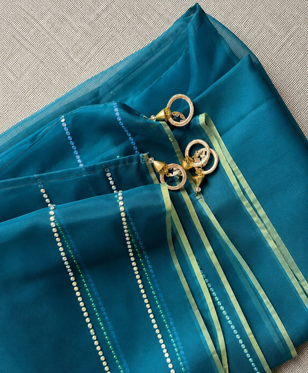 Luxury Diamanté Embellished Teal Turquoise Organza 3 Piece Suit with Tassel Neckline & Attached Inner Lining for Women Party Wear & Eid Collection