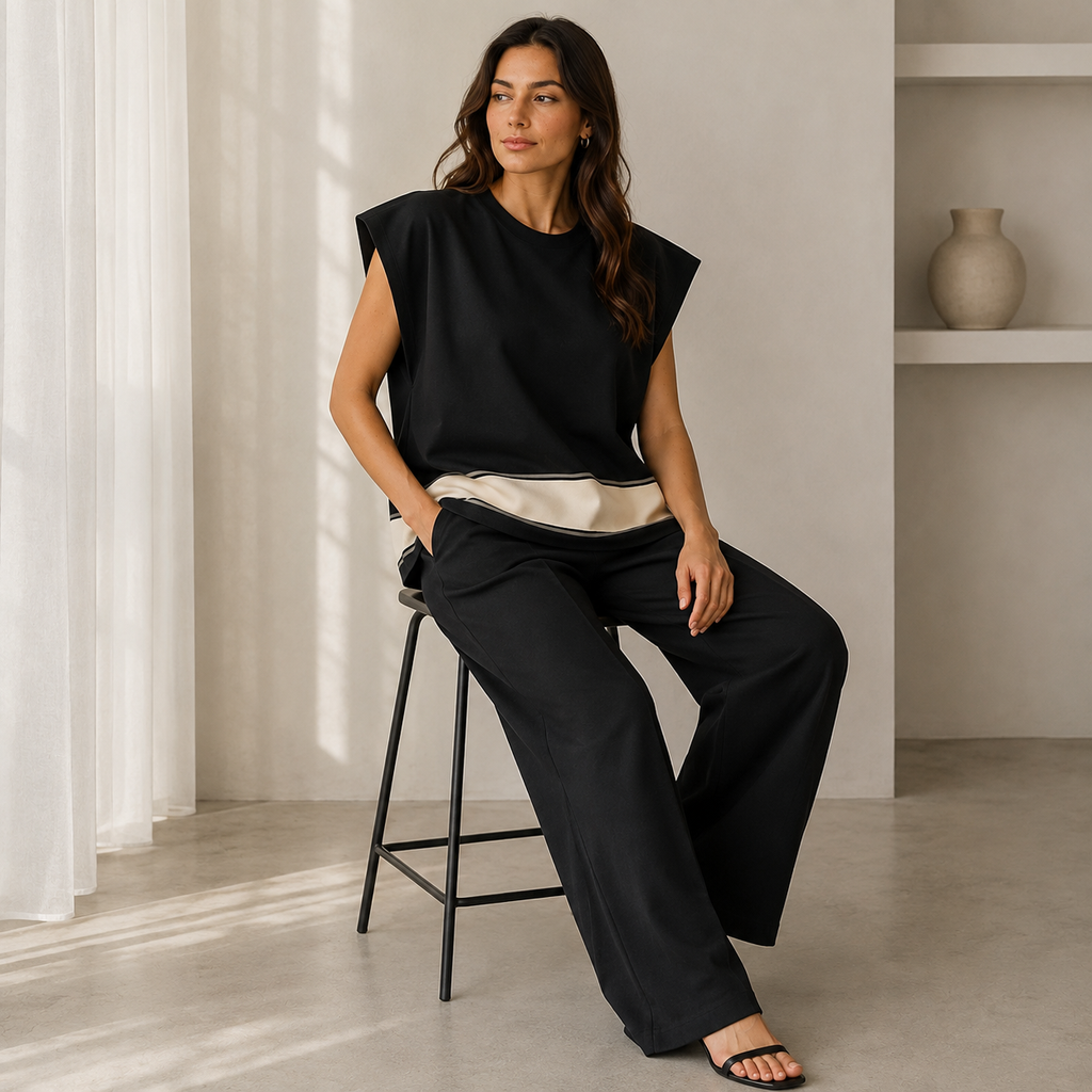 Women’s Knitted 2 Piece Co-Ord Set Colour Block Short Sleeve Crew Neck Top & Loose Fit Trousers Casual Matching Summer Outfit