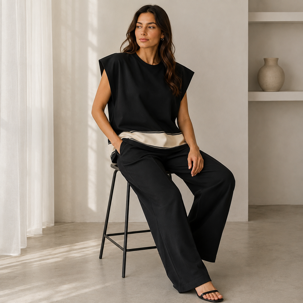 Women’s Knitted 2 Piece Co-Ord Set Colour Block Short Sleeve Crew Neck Top & Loose Fit Trousers Casual Matching Summer Outfit