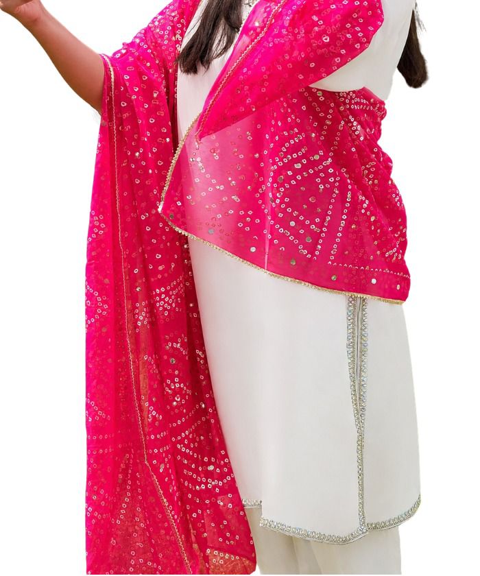 Women’s White Silk Suit Hot Pink Bandhani Dupatta 3PC Festive Eid Wear