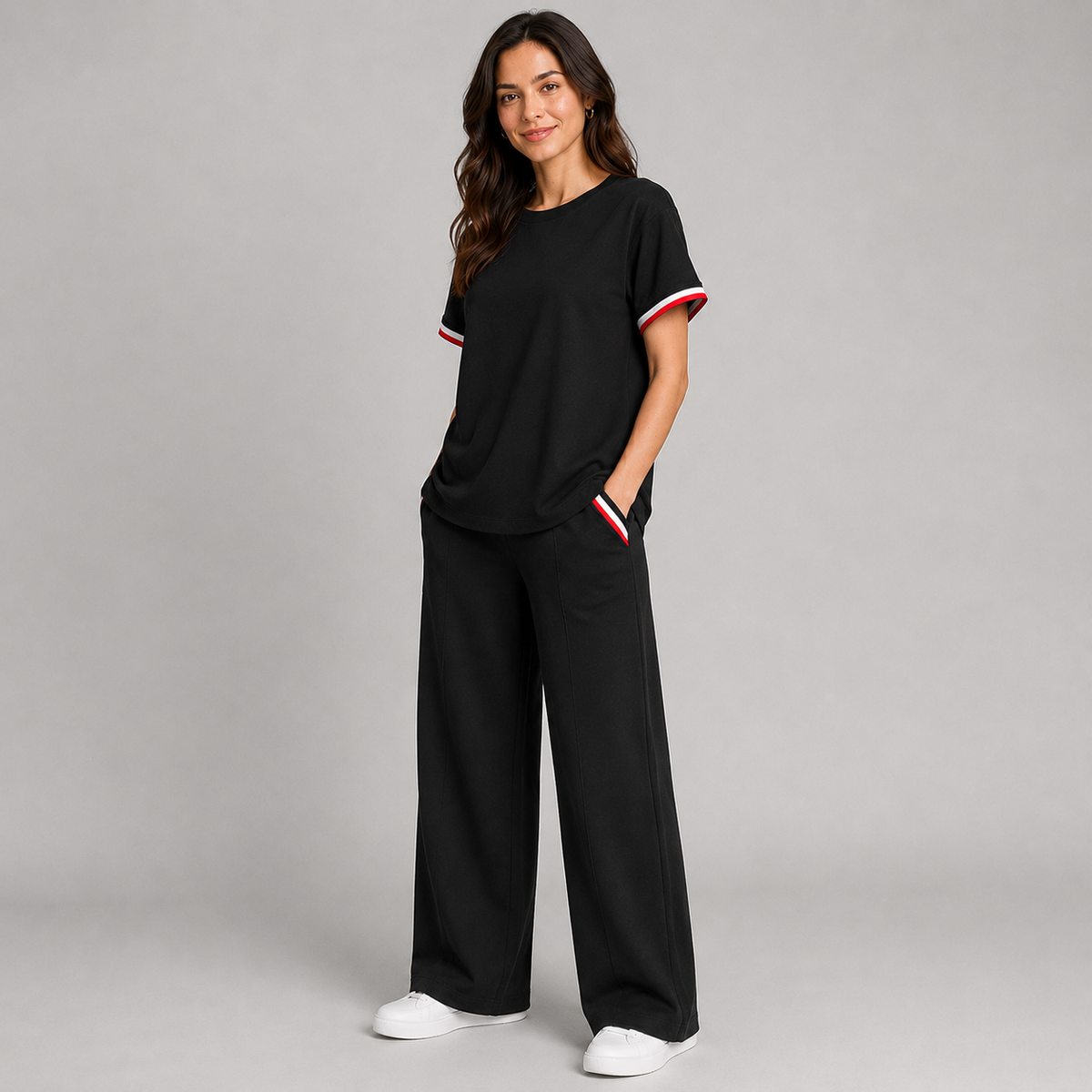 Women’s Black Knitted 2 Piece Co-Ord Set Patchwork Short Sleeve Top & Matching Bottoms Casual Ladies Everyday Outfit