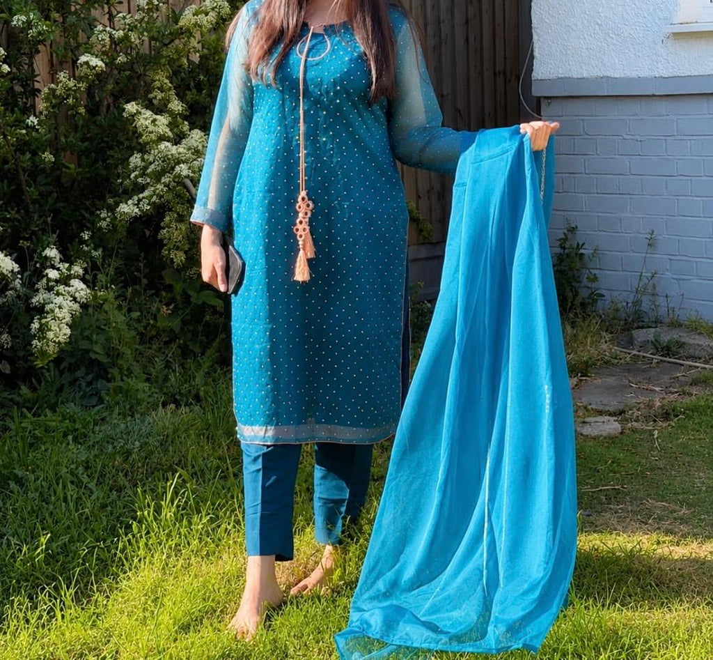 Luxury Diamanté Embellished Teal Turquoise Organza 3 Piece Suit with Tassel Neckline & Attached Inner Lining for Women Party Wear & Eid Collection