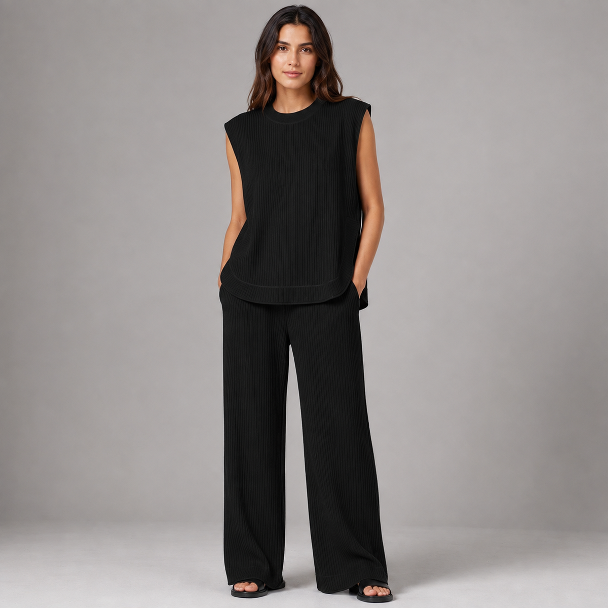 Women’s Knitted 2 Piece Co-Ord Set Relaxed Fit Sleeveless Top & Matching Trousers Ladies Casual Summer Outfit Burgundy & Black