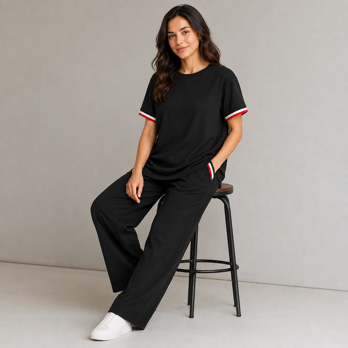 Women’s Black Knitted 2 Piece Co-Ord Set Patchwork Short Sleeve Top & Matching Bottoms Casual Ladies Everyday Outfit