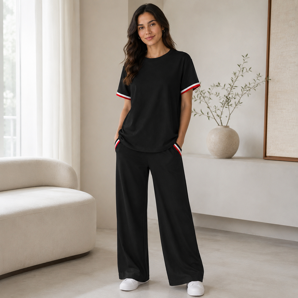 Women’s Black Knitted 2 Piece Co-Ord Set Patchwork Short Sleeve Top & Matching Bottoms Casual Ladies Everyday Outfit