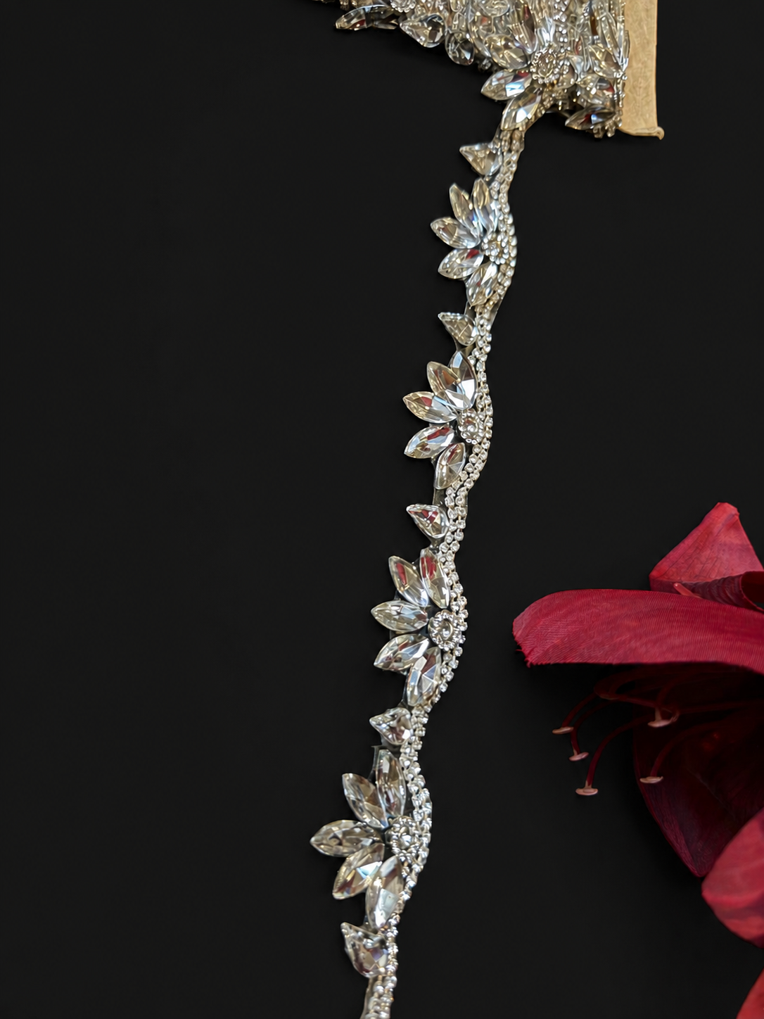 Iron On Floral Crystal Rhinestone Trim – Marquise Diamante Bridal Lace Applique Border for Wedding Dress, 2cm x 1 Yard