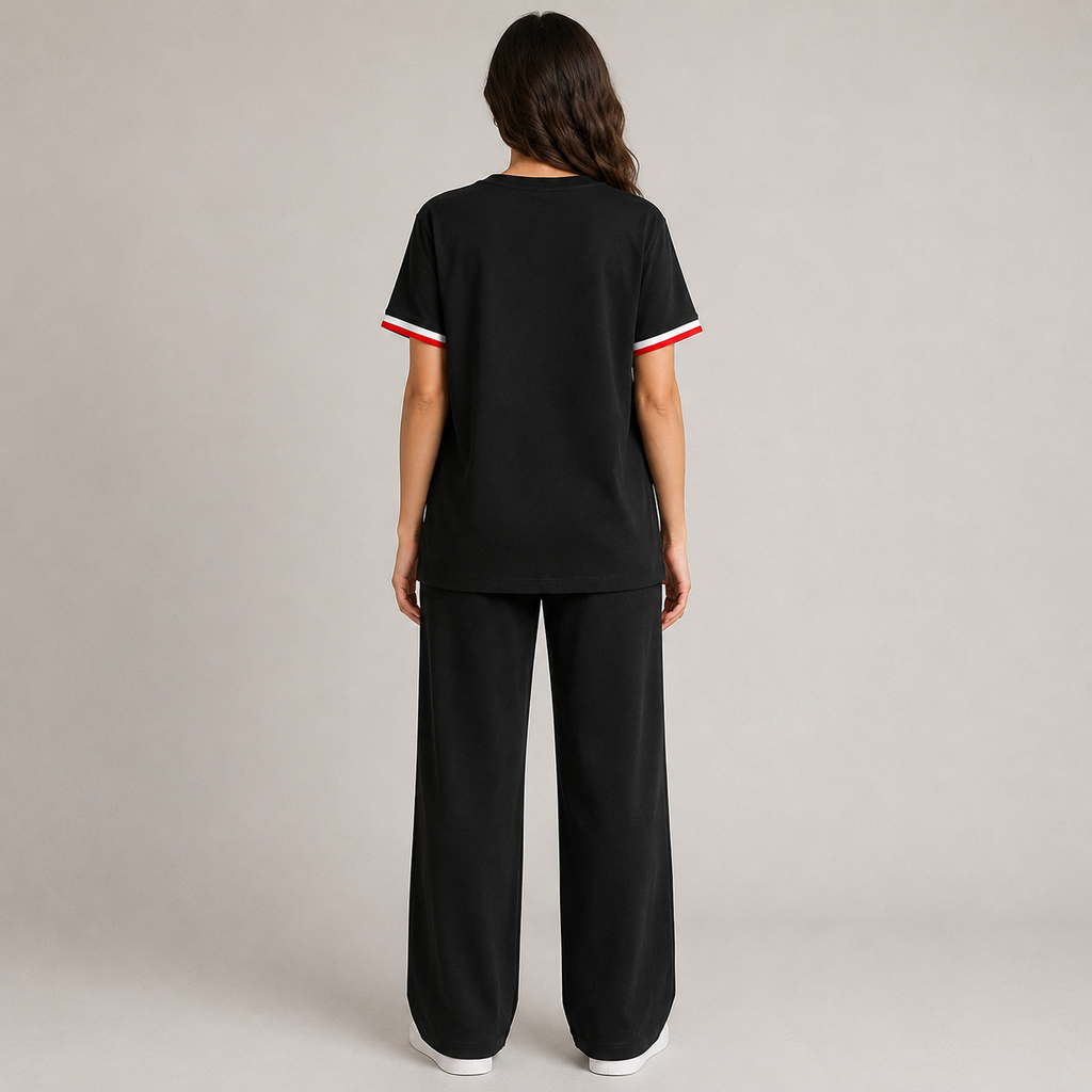 Women’s Black Knitted 2 Piece Co-Ord Set Patchwork Short Sleeve Top & Matching Bottoms Casual Ladies Everyday Outfit