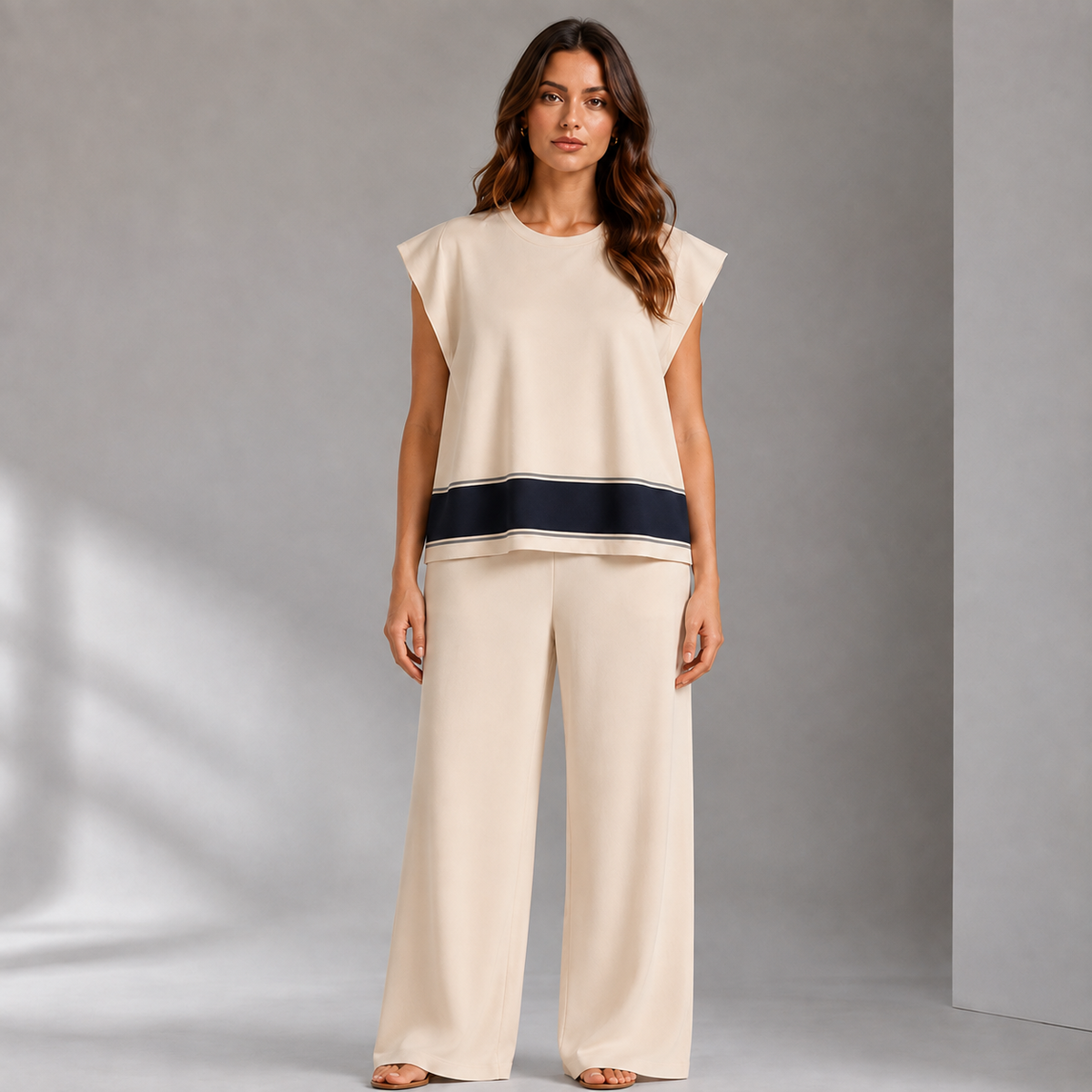 Women’s Knitted 2 Piece Co-Ord Set Colour Block Short Sleeve Crew Neck Top & Loose Fit Trousers Casual Matching Summer Outfit