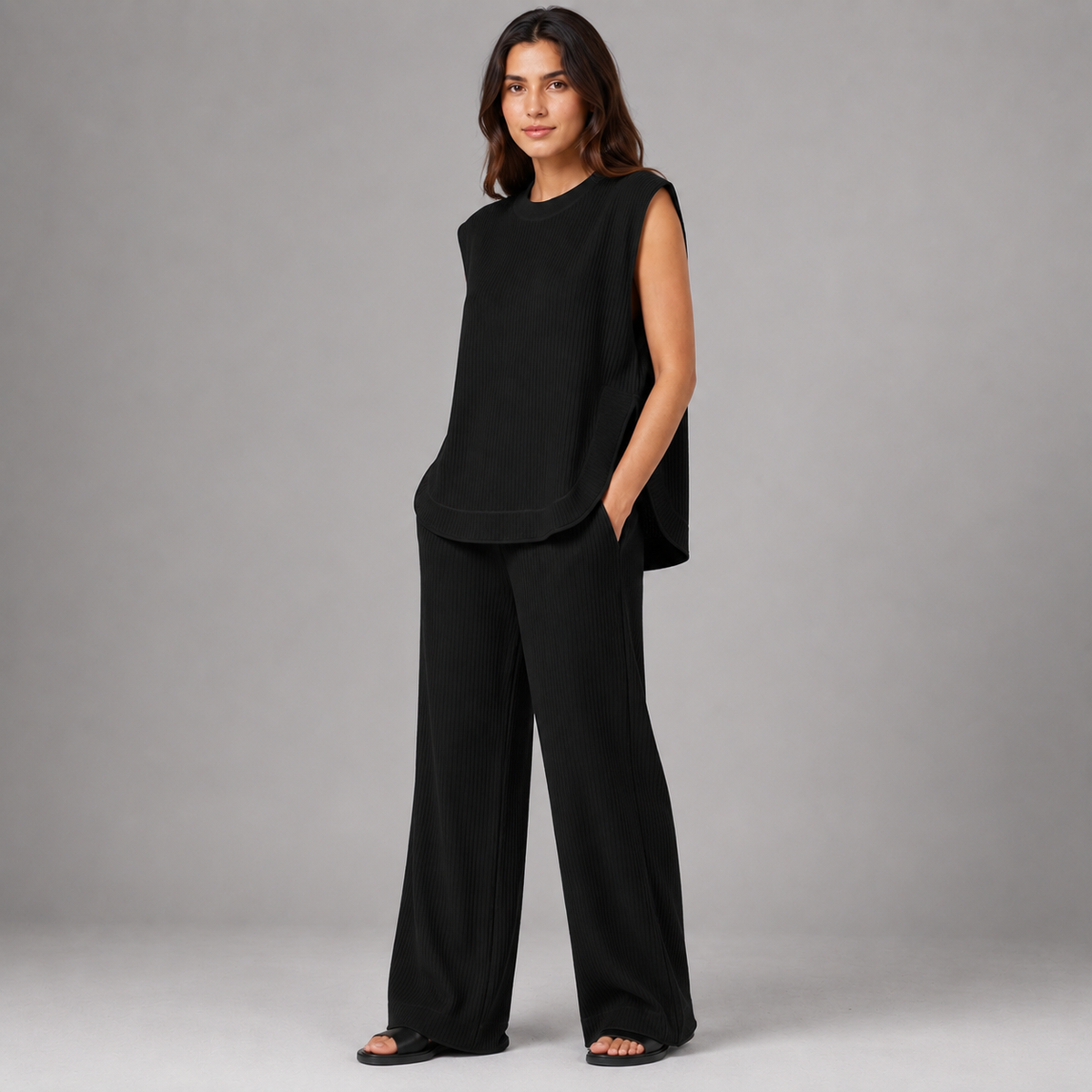 Women’s Knitted 2 Piece Co-Ord Set Relaxed Fit Sleeveless Top & Matching Trousers Ladies Casual Summer Outfit Burgundy & Black