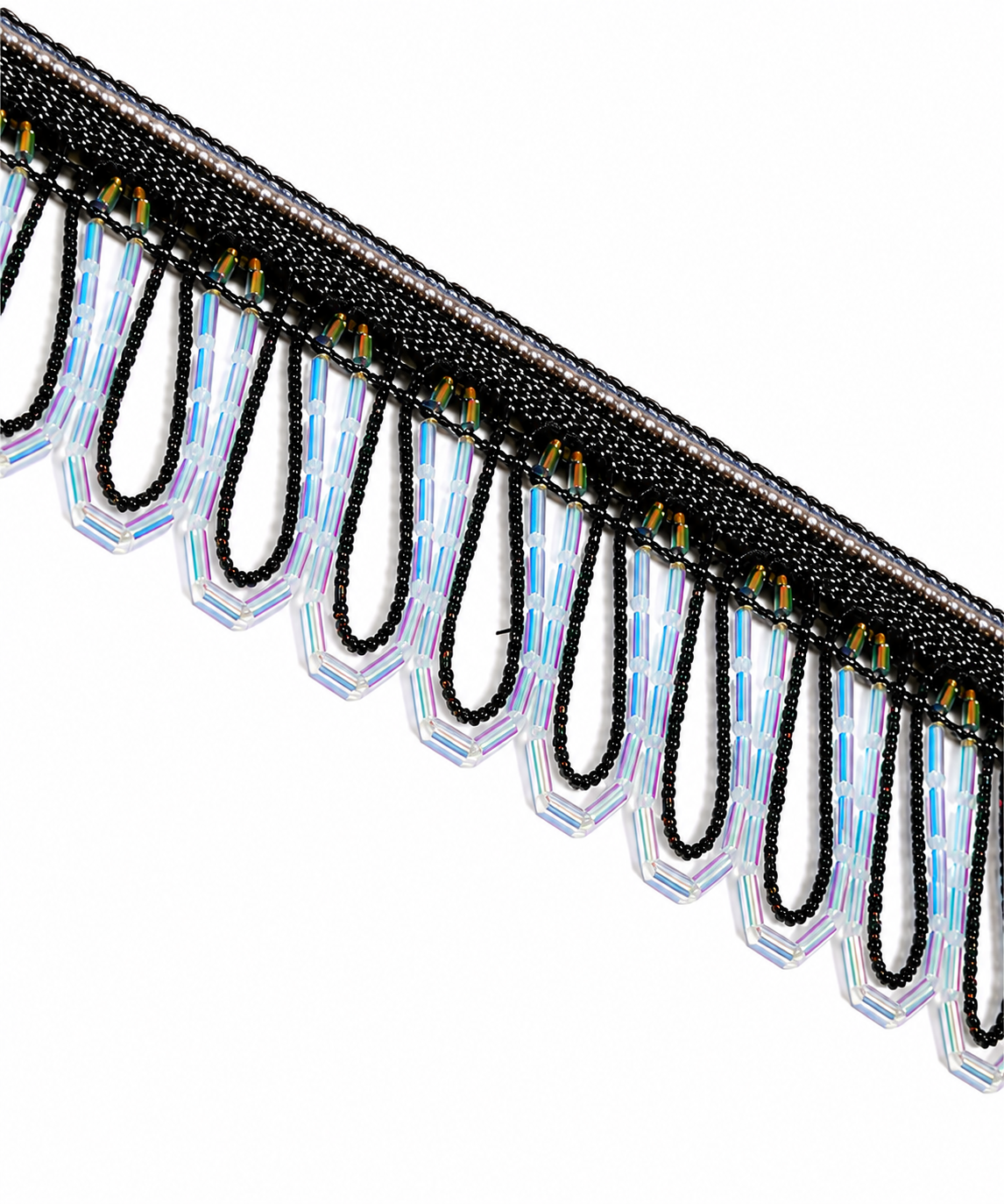 Black Beaded Fringe Trim 1M Iridescent Crystal Bugle Bead Lace Tassel Ribbon Sewing Craft