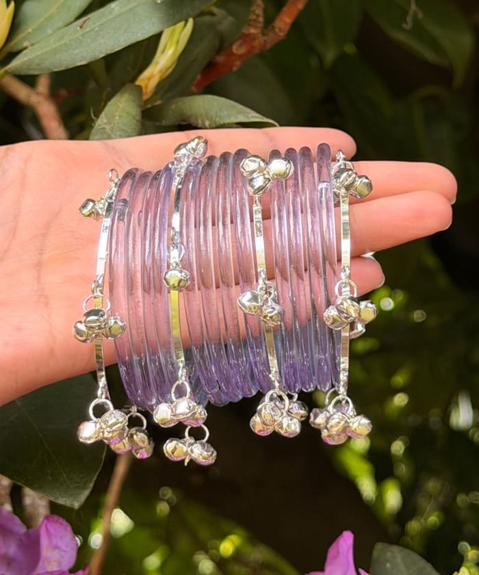 Lavender Purple Jelly Bangles Set - Paired with Kashmiri Bangles