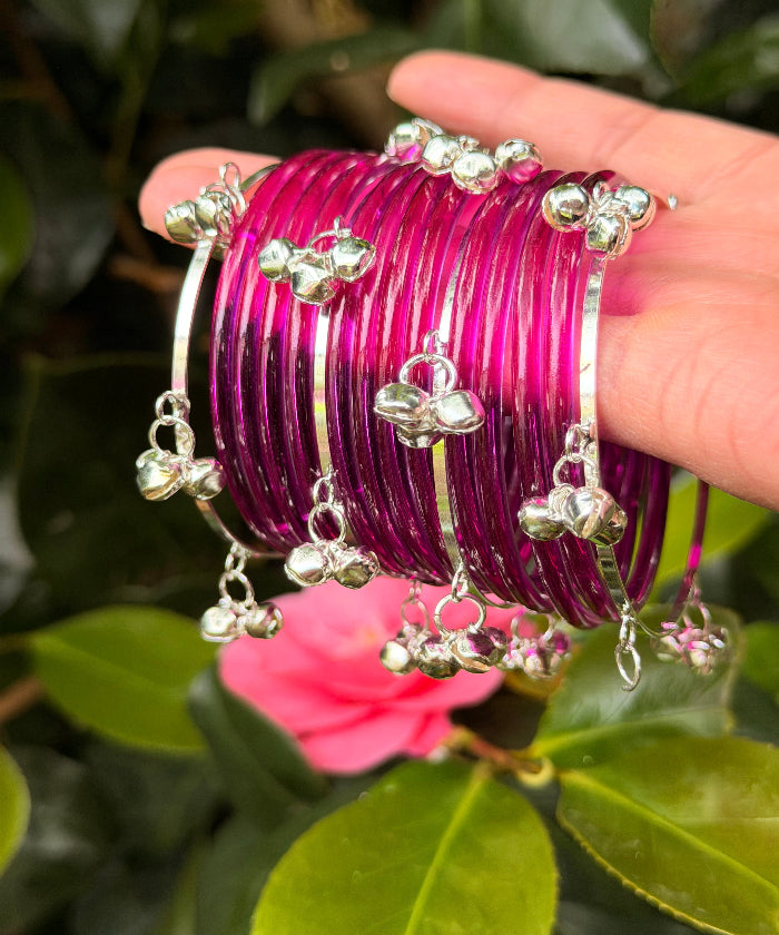 Neon Magenta Jelly Bangles - Paired with 4 Kashmiri Karas