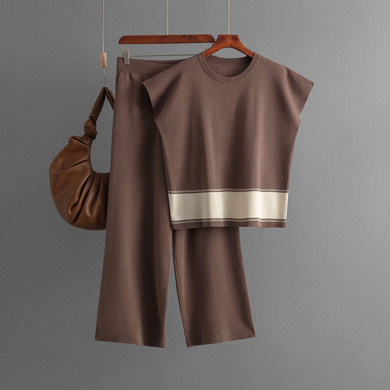 Women’s Knitted 2 Piece Co-Ord Set Colour Block Short Sleeve Crew Neck Top & Loose Fit Trousers Casual Matching Summer Outfit