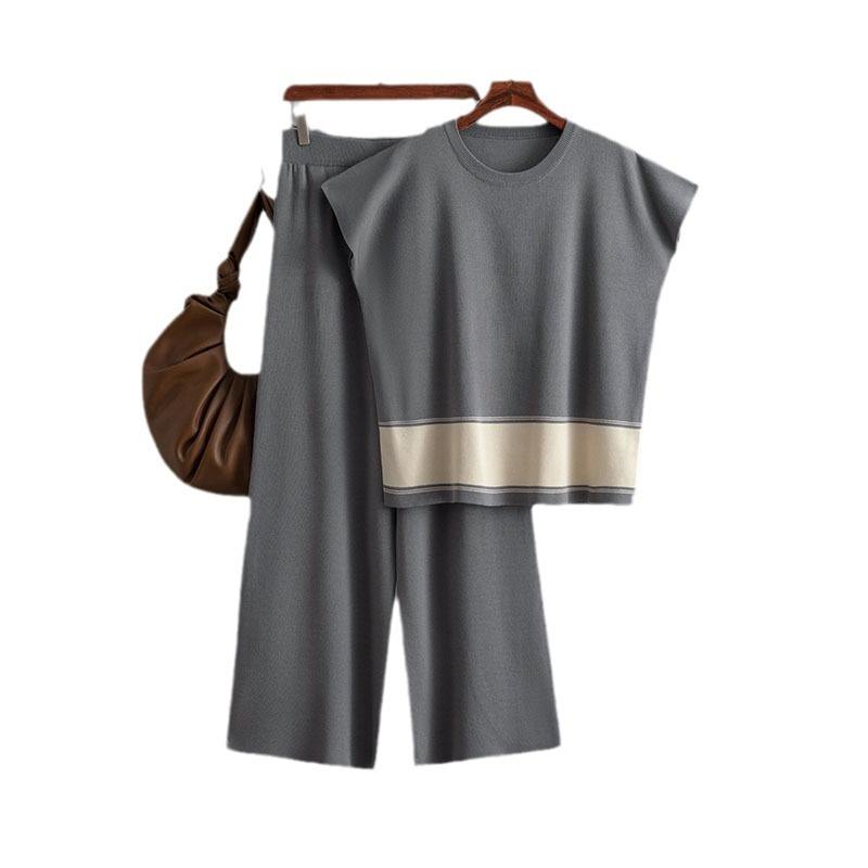 Women’s Knitted 2 Piece Co-Ord Set Colour Block Short Sleeve Crew Neck Top & Loose Fit Trousers Casual Matching Summer Outfit
