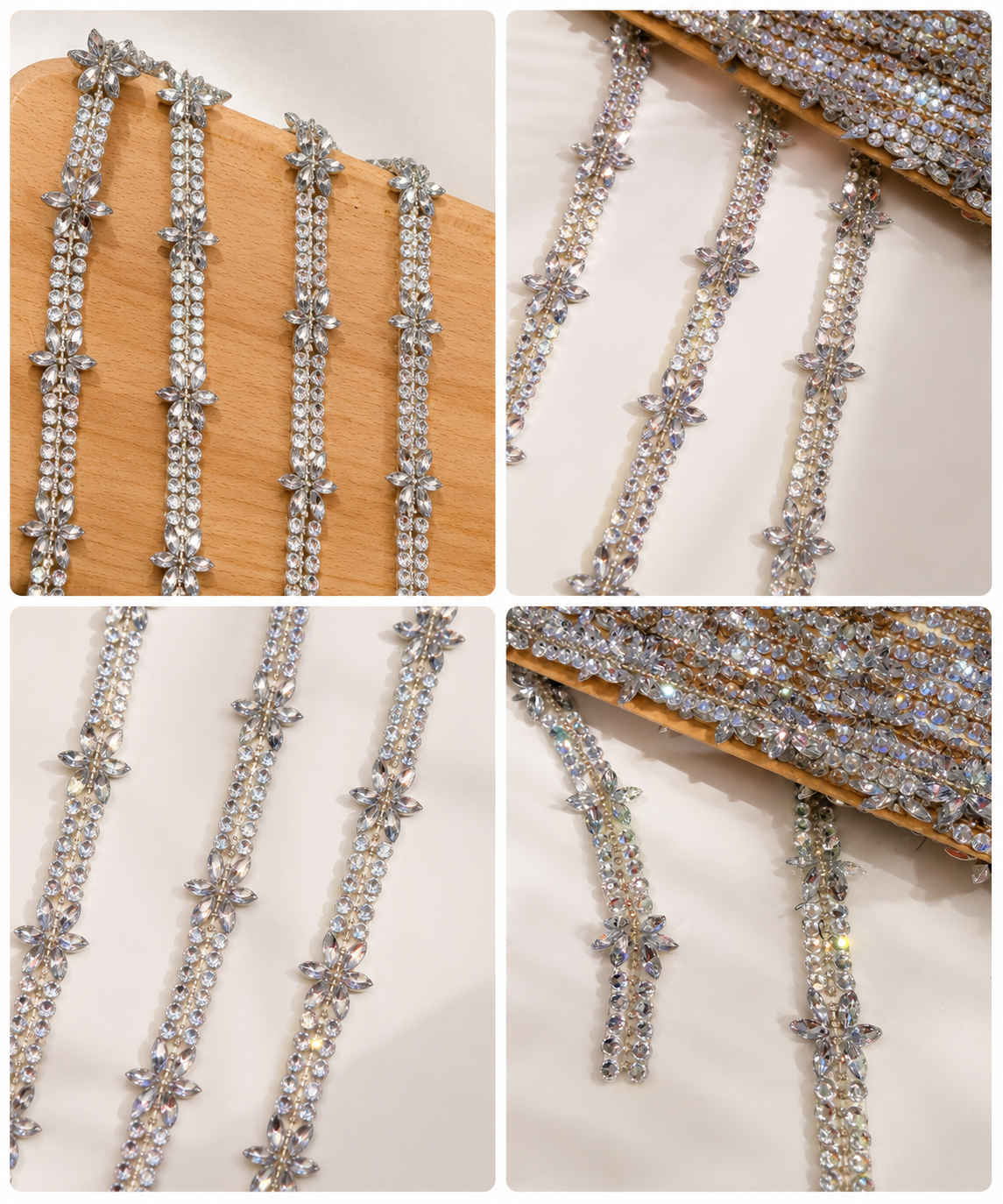 Silver Self Adhesive Rhinestone Flower Trim Crystal Diamante Lace Ribbon Strip DIY Craft Bridal