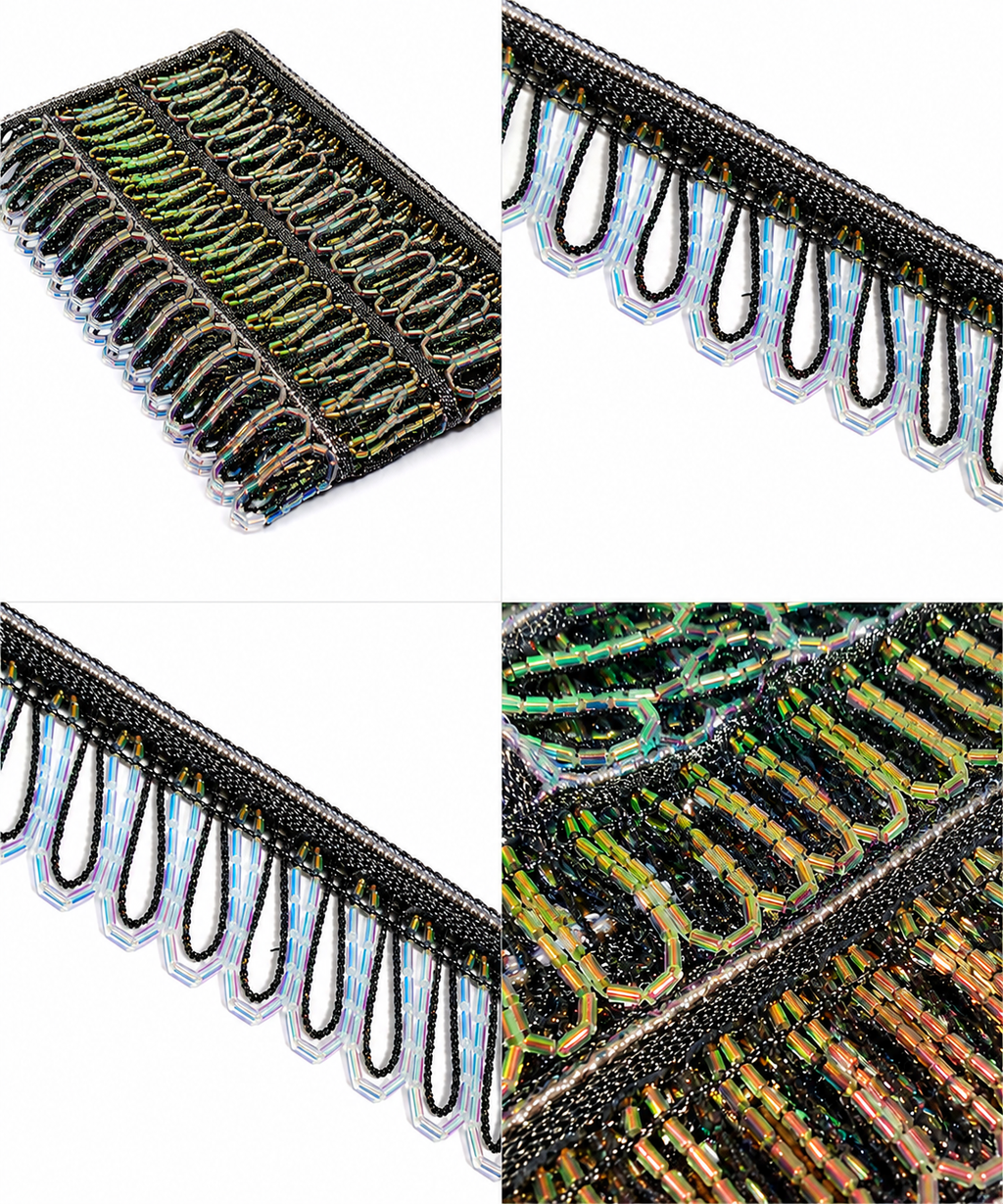 Black Beaded Fringe Trim 1M Iridescent Crystal Bugle Bead Lace Tassel Ribbon Sewing Craft