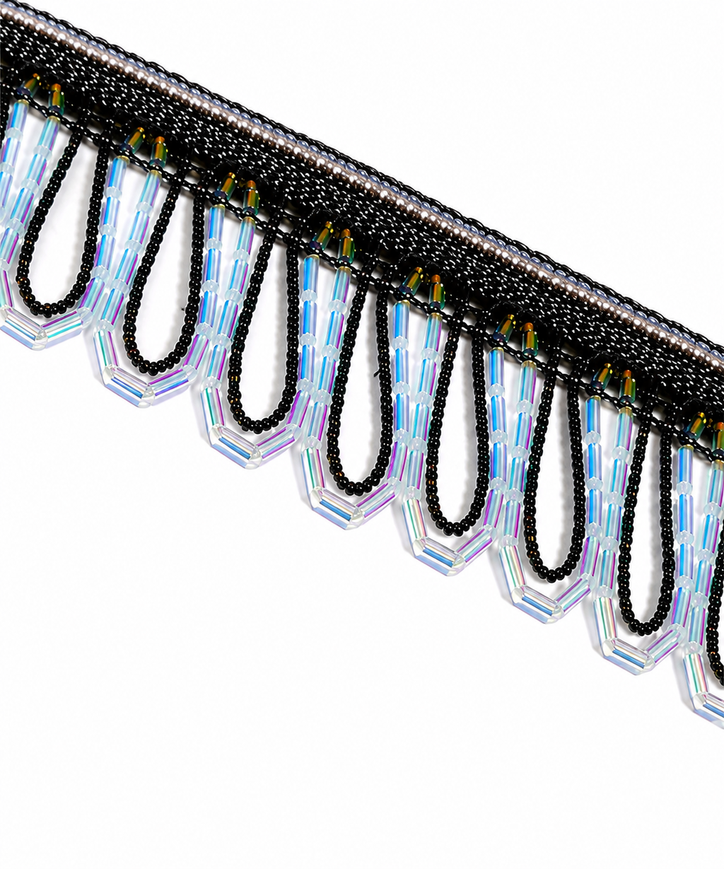 Black Beaded Fringe Trim 1M Iridescent Crystal Bugle Bead Lace Tassel Ribbon Sewing Craft