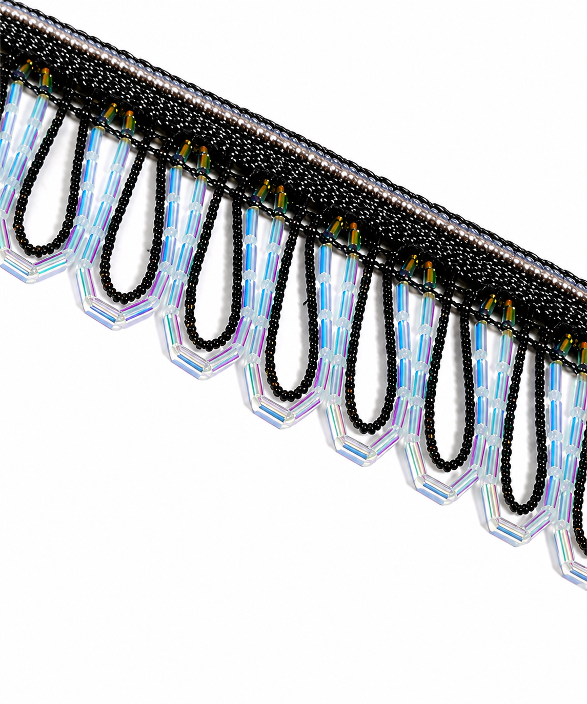 Black Beaded Fringe Trim 1M Iridescent Crystal Bugle Bead Lace Tassel Ribbon Sewing Craft