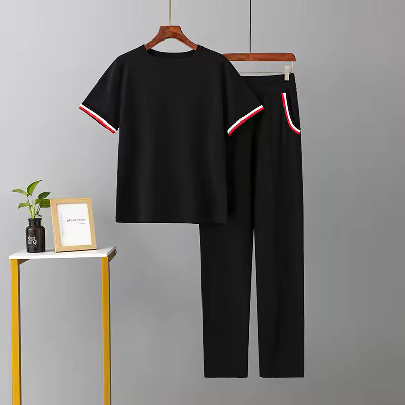Women’s Black Knitted 2 Piece Co-Ord Set Patchwork Short Sleeve Top & Matching Bottoms Casual Ladies Everyday Outfit