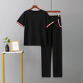 Women’s Black Knitted 2 Piece Co-Ord Set Patchwork Short Sleeve Top & Matching Bottoms Casual Ladies Everyday Outfit