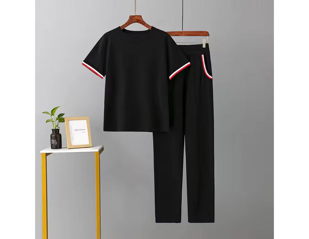 Women’s Black Knitted 2 Piece Co-Ord Set Patchwork Short Sleeve Top & Matching Bottoms Casual Ladies Everyday Outfit
