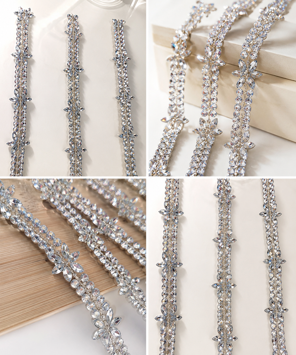 Silver Self Adhesive Rhinestone Flower Trim Crystal Diamante Lace Ribbon Strip DIY Craft Bridal
