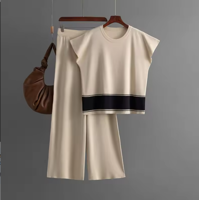 Women’s Knitted 2 Piece Co-Ord Set Colour Block Short Sleeve Crew Neck Top & Loose Fit Trousers Casual Matching Summer Outfit