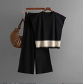 Women’s Knitted 2 Piece Co-Ord Set Colour Block Short Sleeve Crew Neck Top & Loose Fit Trousers Casual Matching Summer Outfit