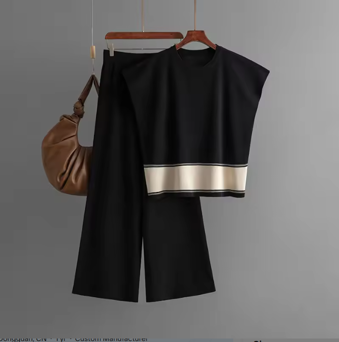 Women’s Knitted 2 Piece Co-Ord Set Colour Block Short Sleeve Crew Neck Top & Loose Fit Trousers Casual Matching Summer Outfit