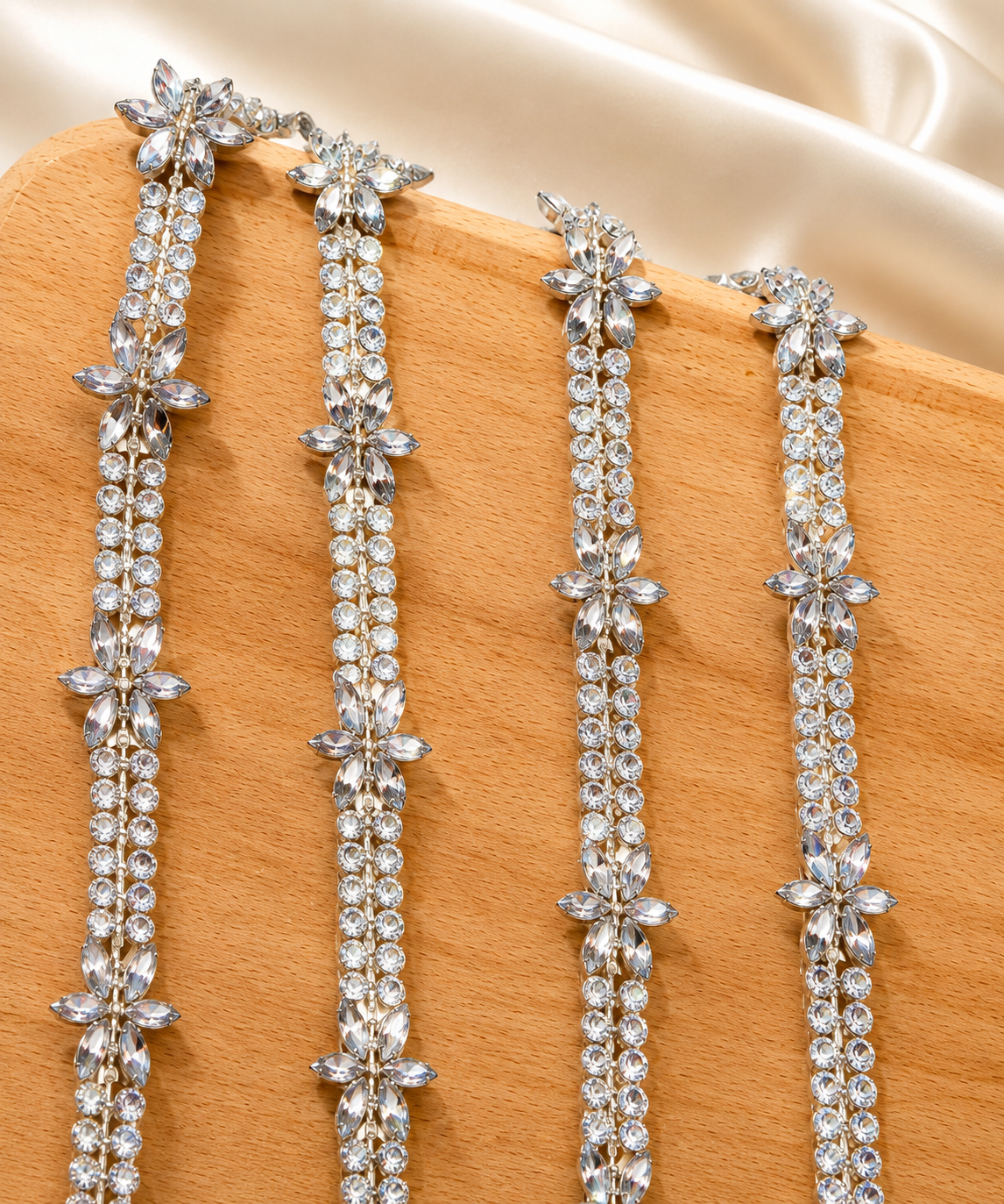 Silver Self Adhesive Rhinestone Flower Trim Crystal Diamante Lace Ribbon Strip DIY Craft Bridal