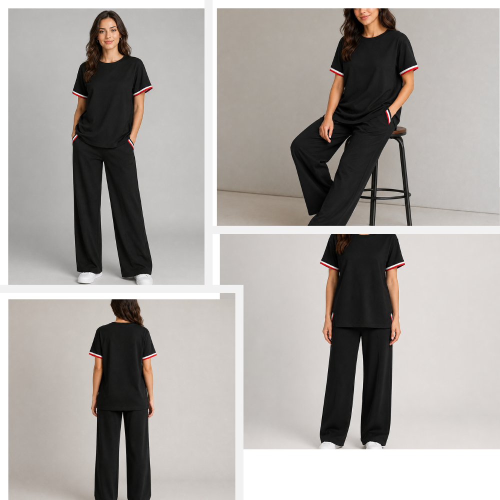Women’s Black Knitted 2 Piece Co-Ord Set Patchwork Short Sleeve Top & Matching Bottoms Casual Ladies Everyday Outfit