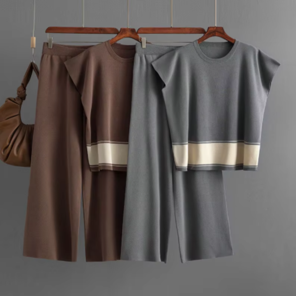 Women’s Knitted 2 Piece Co-Ord Set Colour Block Short Sleeve Crew Neck Top & Loose Fit Trousers Casual Matching Summer Outfit