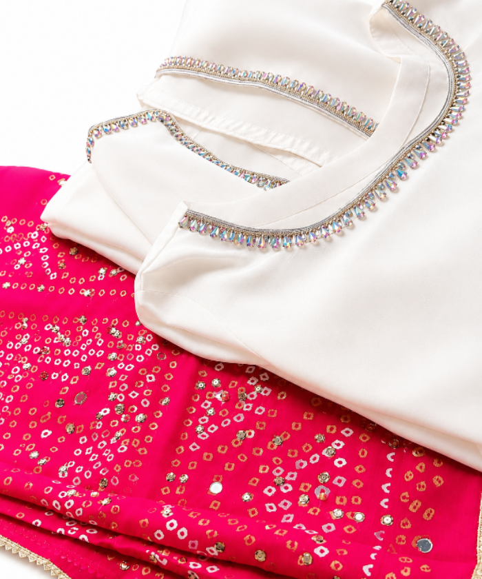 Women’s White Silk Suit Hot Pink Bandhani Dupatta 3PC Festive Eid Wear