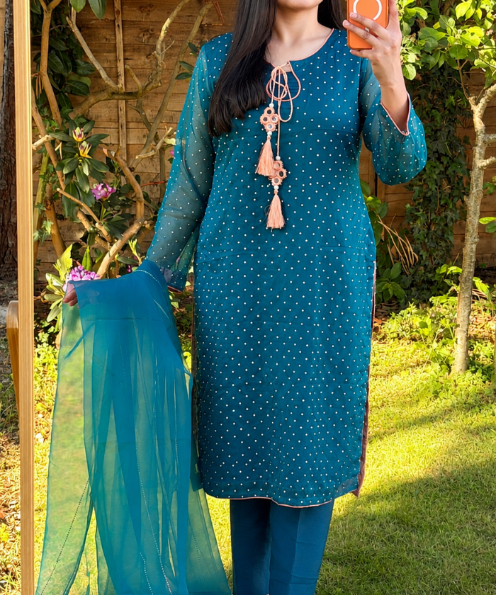 Luxury Diamanté Embellished Teal Turquoise Organza 3 Piece Suit with Tassel Neckline & Attached Inner Lining for Women Party Wear & Eid Collection