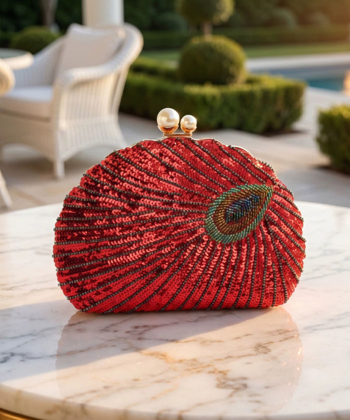 Peacock Feather Evening Bag – Handmade Beaded Shell Clutch Purse for Weddings & Parties