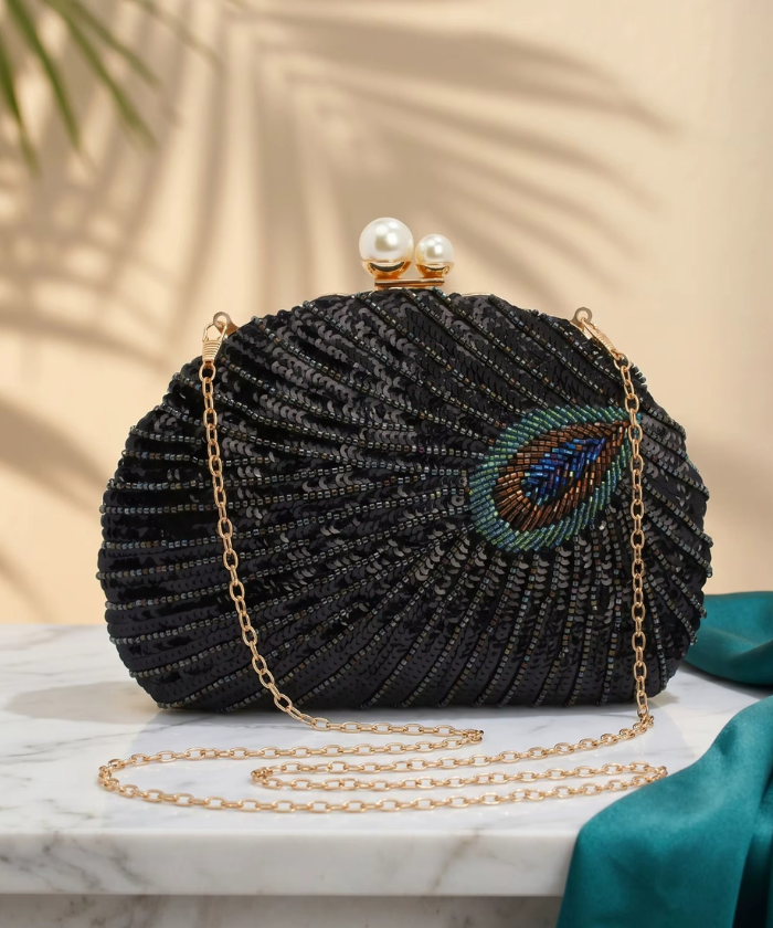Peacock Feather Evening Bag – Handmade Beaded Shell Clutch Purse for Weddings & Parties