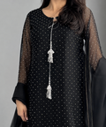 Luxury Diamanté Embellished Black Organza 3 Piece Suit with Tassel Neckline & Attached Inner Lining for Women Party Wear & Eid Collection